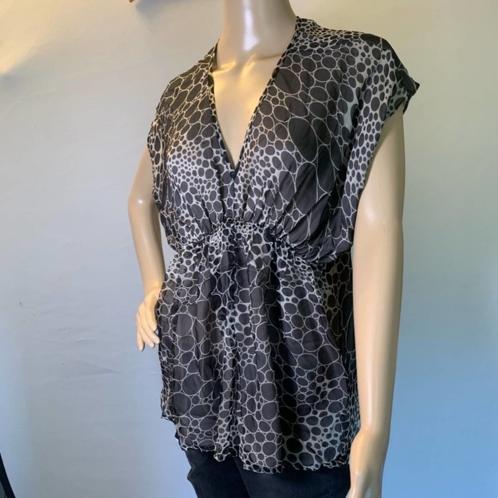 r 89 Black Beige Circle print Silk blouse S - Picture 8 of 12